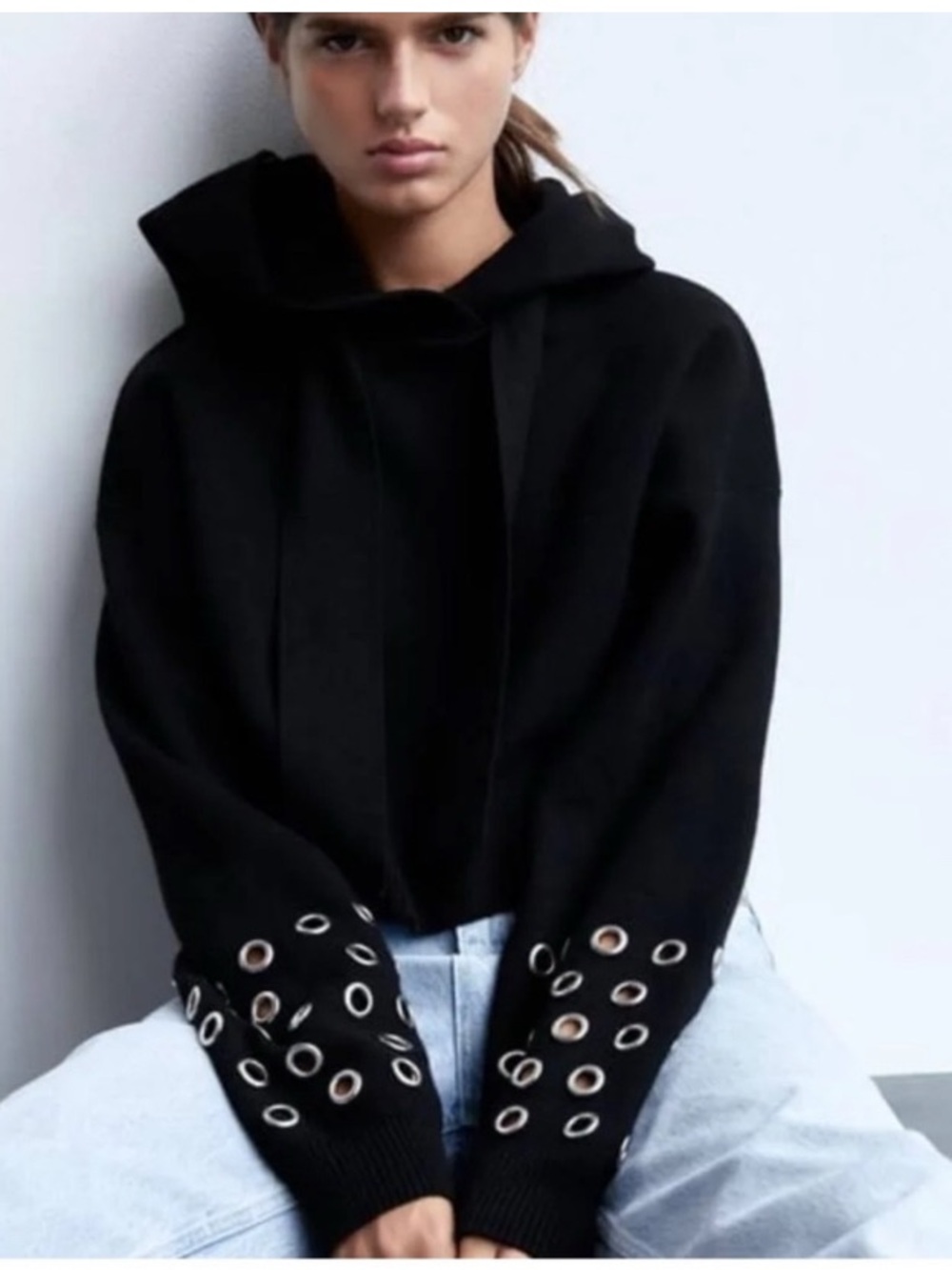 Zara Black Cropped Grommet Sleeve Hooded Knit Sweater Size M